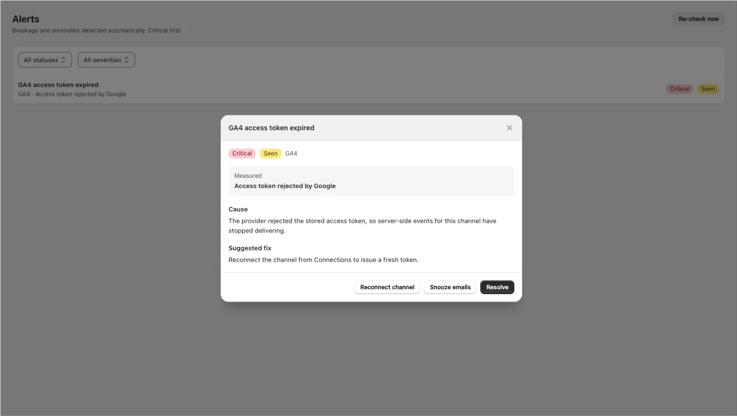 The alerts list with an alert opened