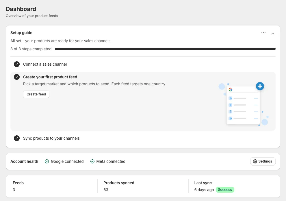 The Dashboard, with the Setup guide at the top and your feed totals below it