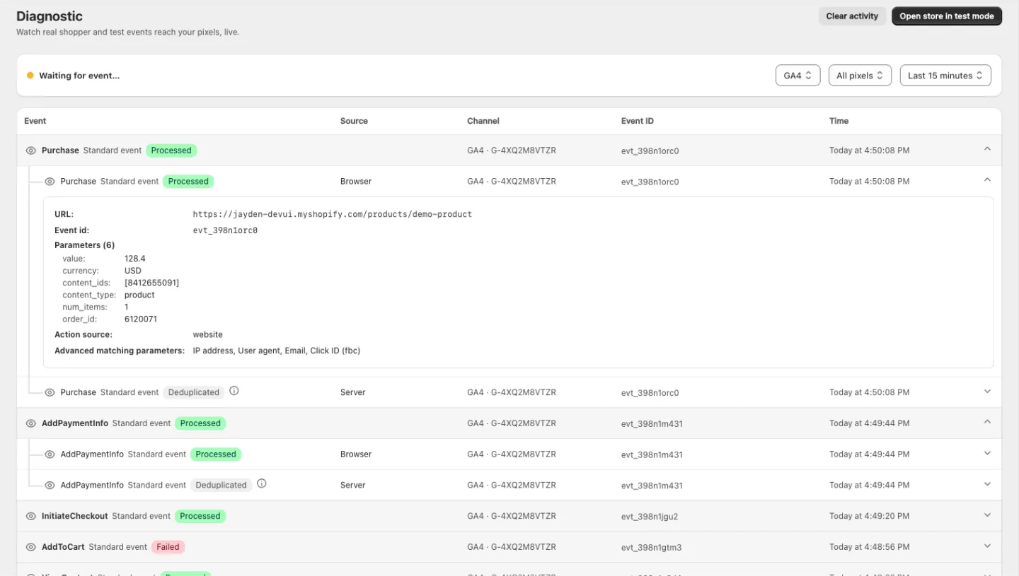 The live event feed with one event expanded into browser and server receipts
