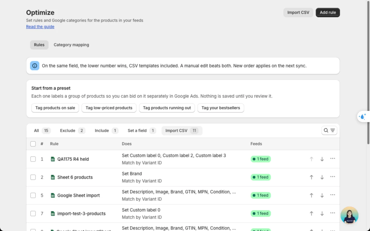 Import CSV tab on Optimize listing saved templates, each with a sheet icon, the fields it sets and the feeds that use it