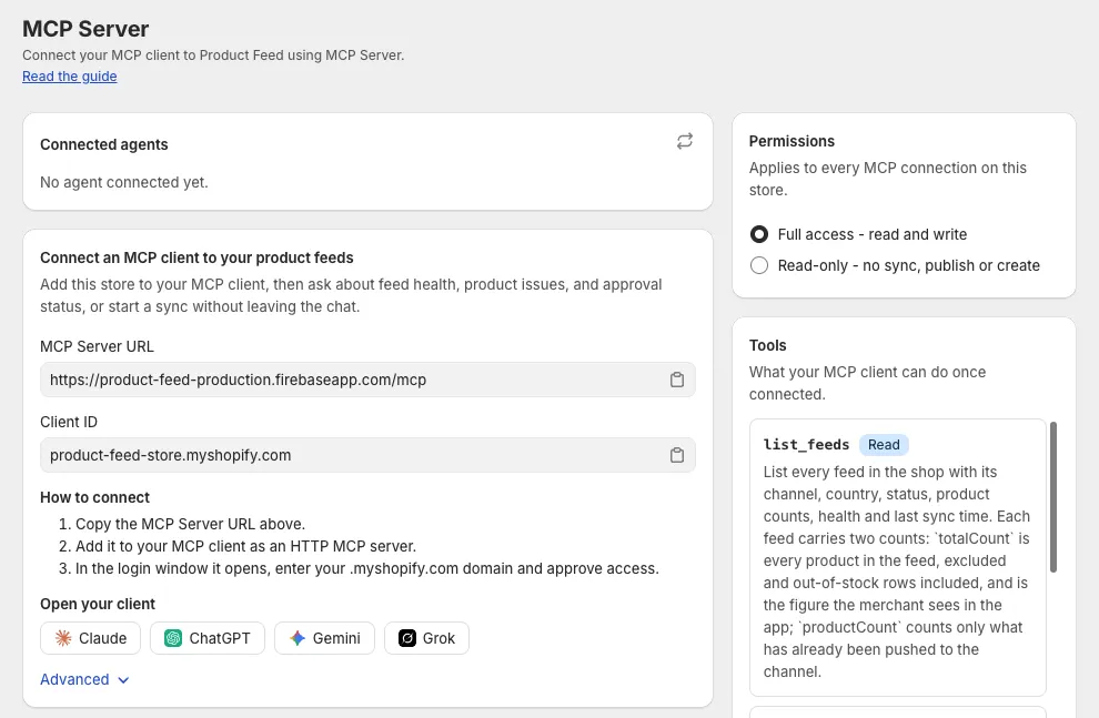 MCP Server page showing the MCP Server URL, Client ID, How to connect steps and the Open your client tiles