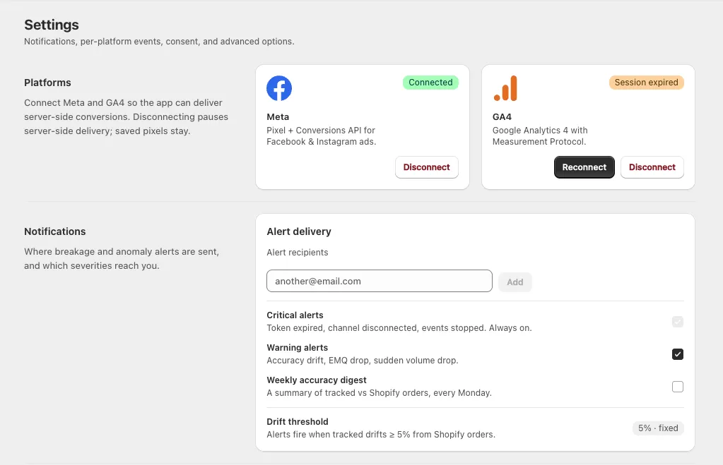 Settings showing the Platforms and Notifications sections