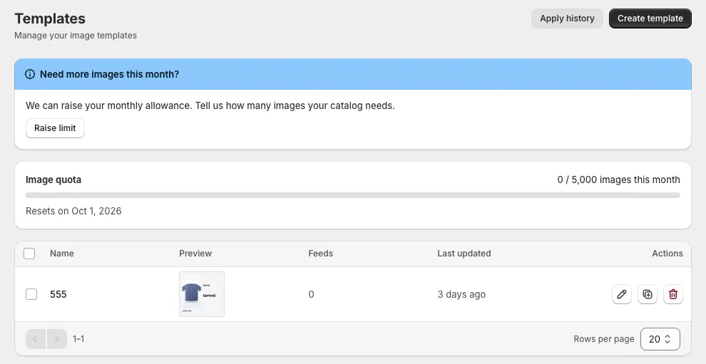 The Templates page with the Image quota card and the template list