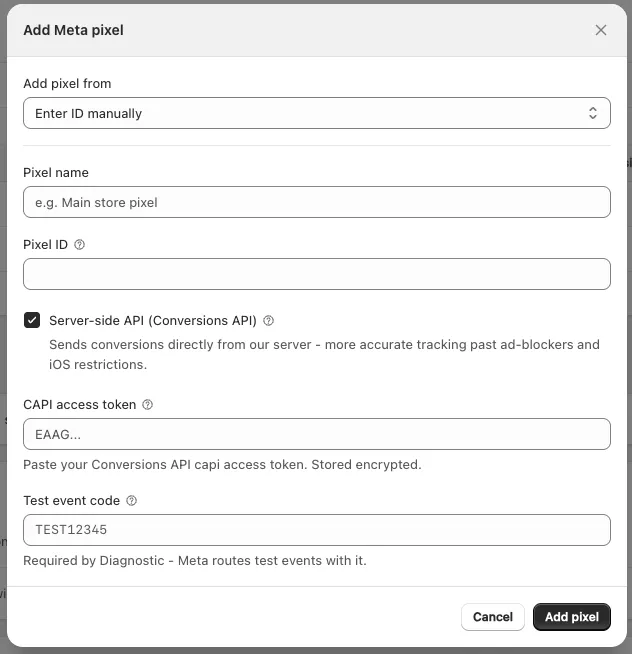 The Add Meta pixel modal