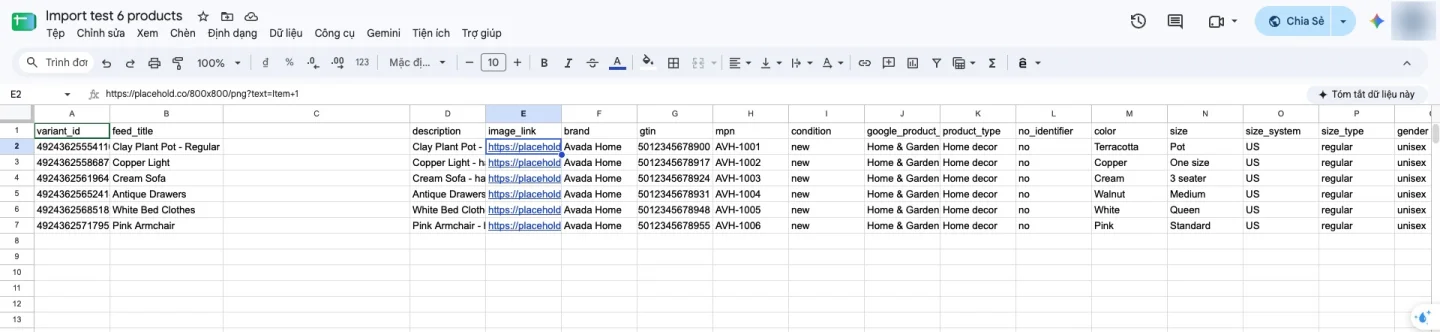 Google Sheet with a variant_id column, the product title, then one column per field such as description, image_link, brand, gtin and mpn