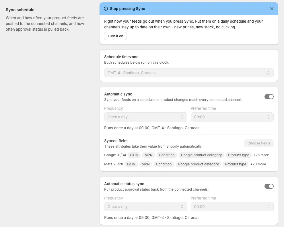 The Sync schedule section with timezone, automatic sync and status sync settings