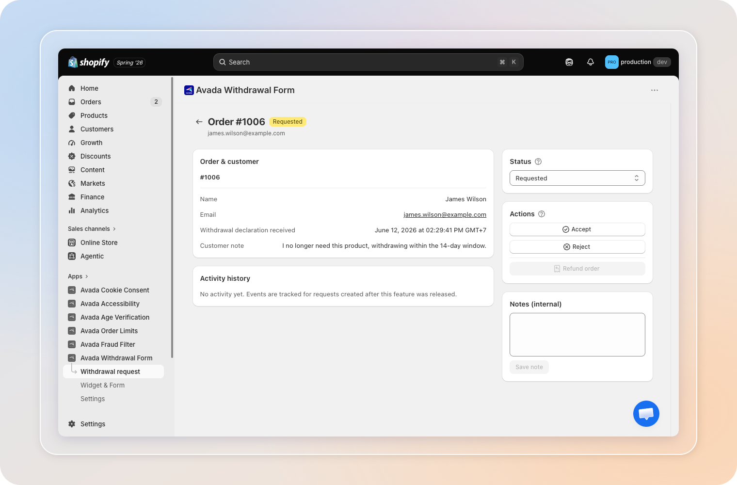 Request detail page with Status and Actions