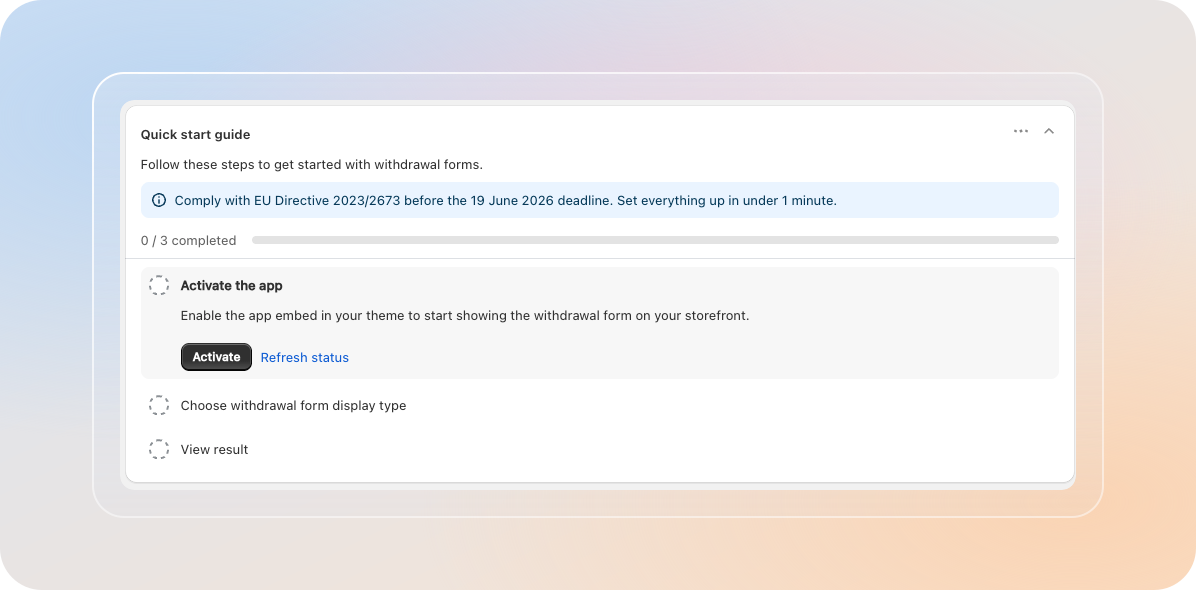 Quick start guide card with three setup tasks