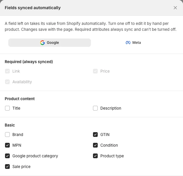 Fields synced automatically window with Google and Meta tabs, required fields locked on, and optional fields to tick