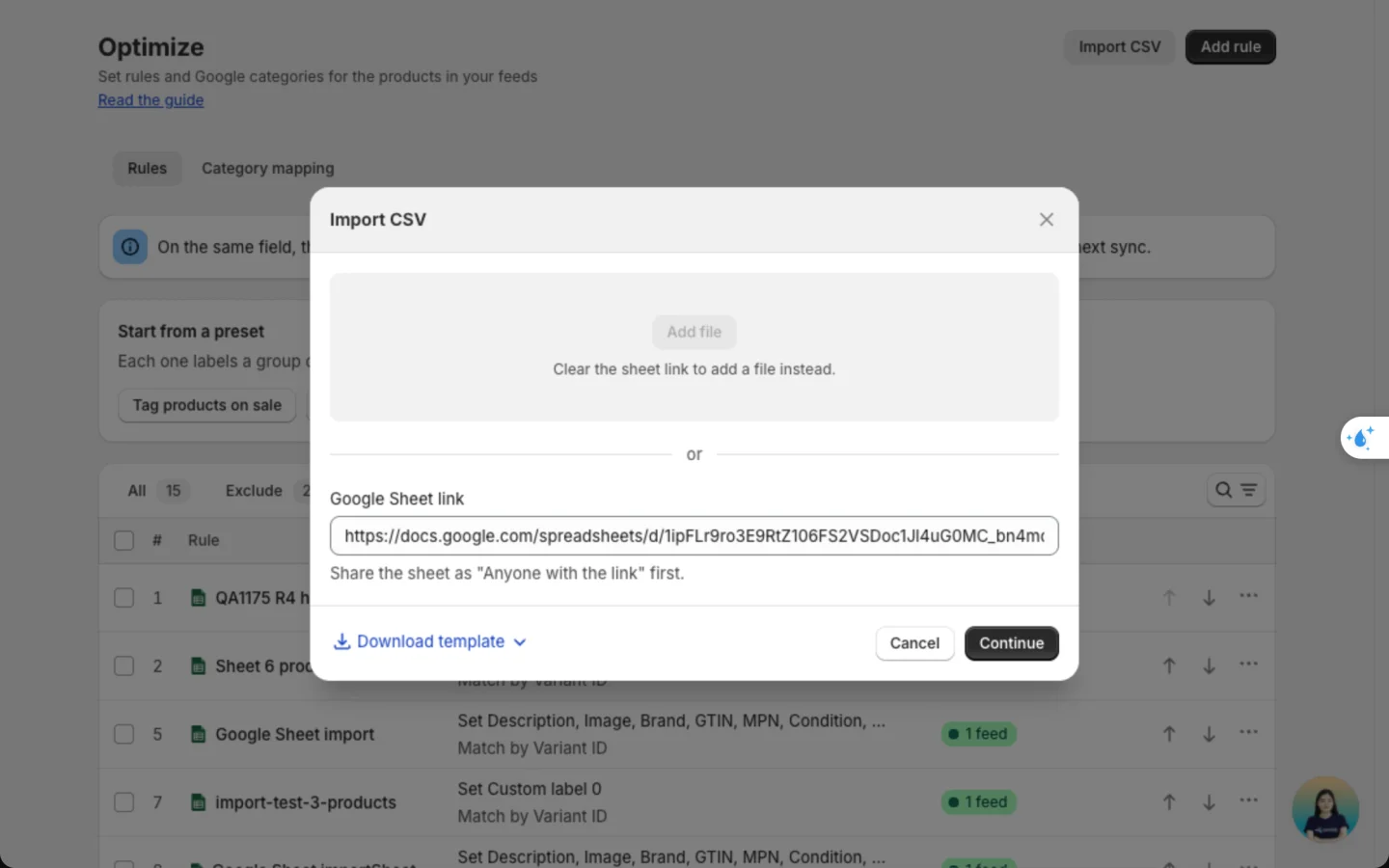Import CSV dialog with a Google Sheet link pasted in and Cancel and Continue buttons