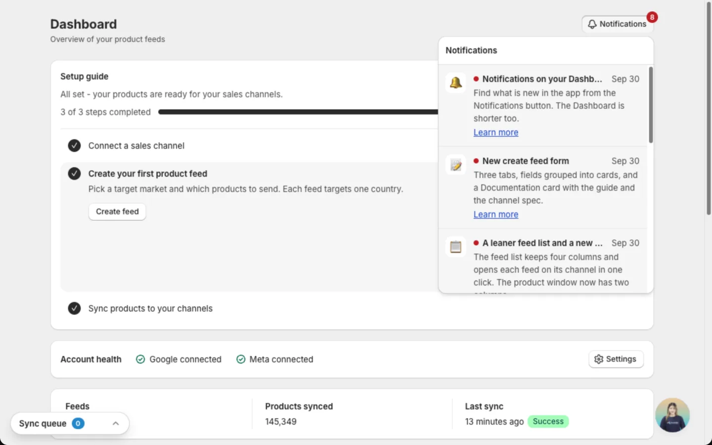 Notifications list with unread updates marked by a red dot and a Learn more link under each
