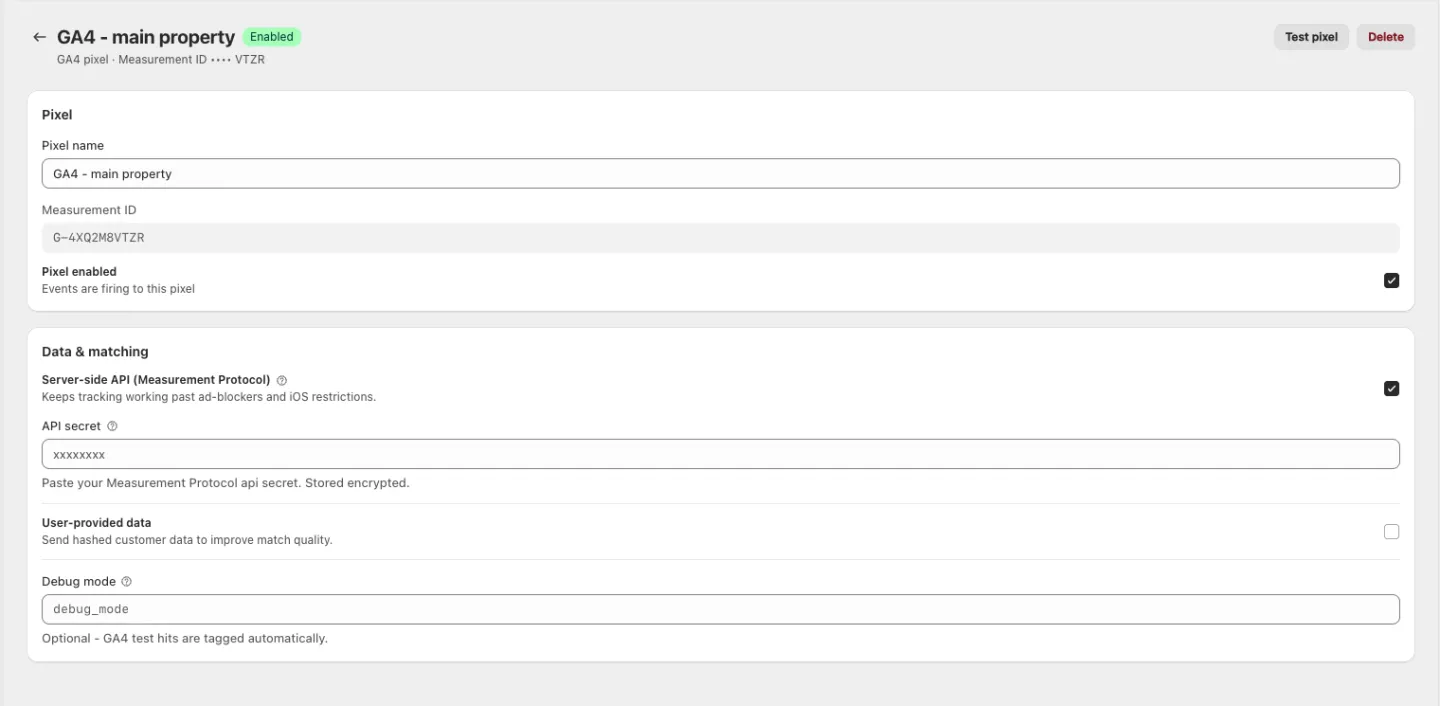 A pixel's detail page with the Pixel and Data & matching cards