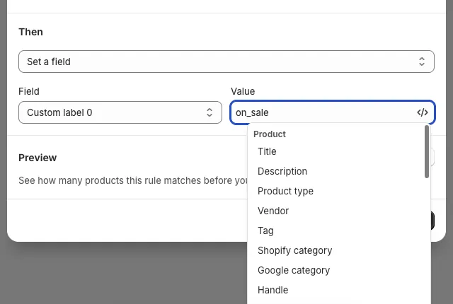 Insert menu open on the Value box, listing product details like Title, Vendor and Product type