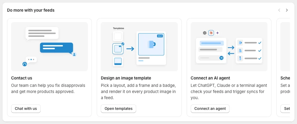 Do more with your feeds cards: Contact us, Design an image template, Connect an AI agent