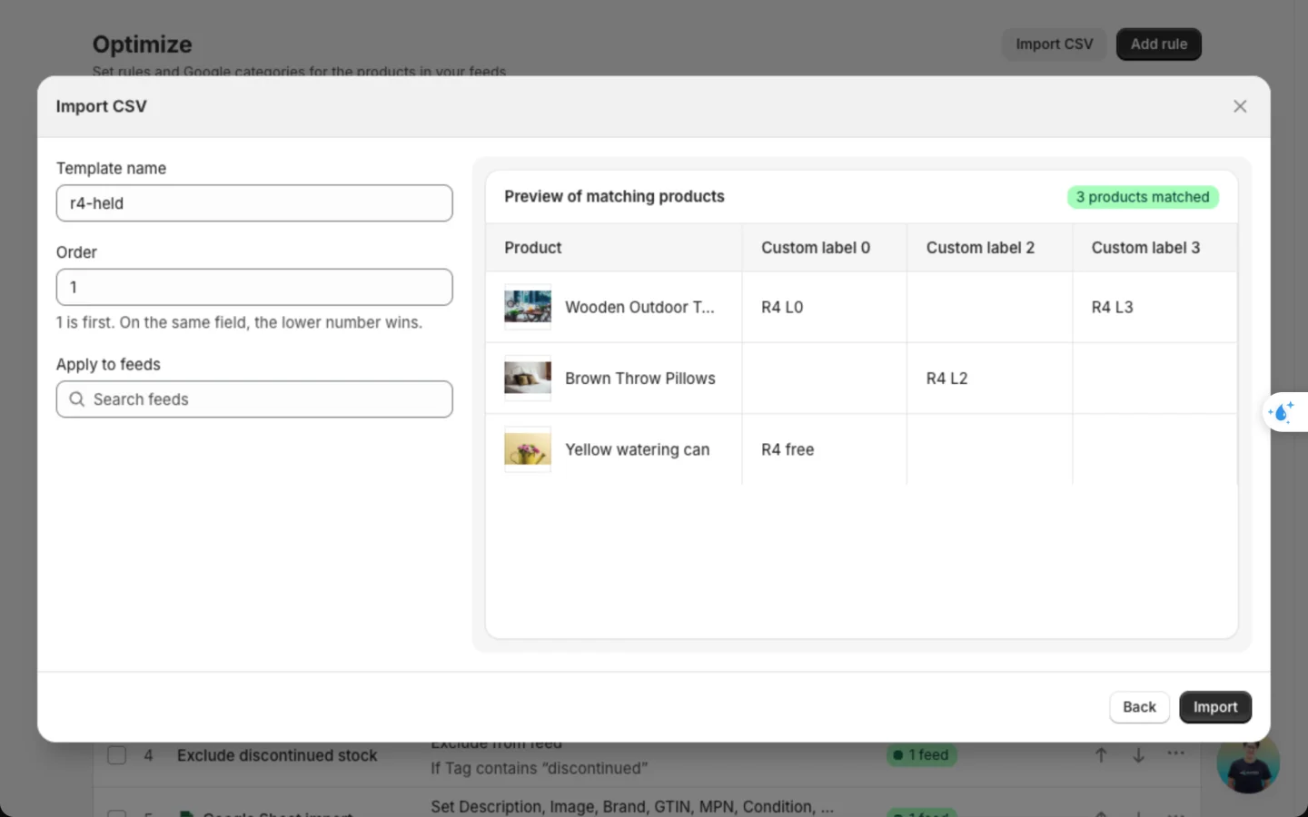 Import preview with the template name, Order set to 1 and an empty feed picker on the left, and 3 matched products with their new custom labels on the right