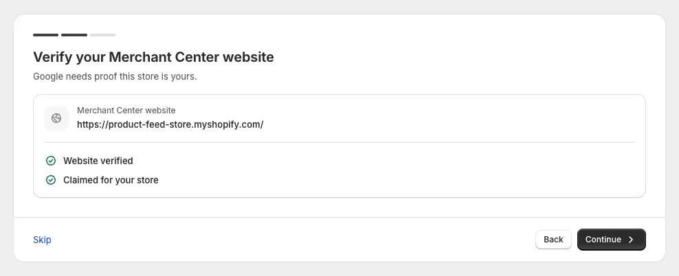 Checking that your website is verified in Merchant Center