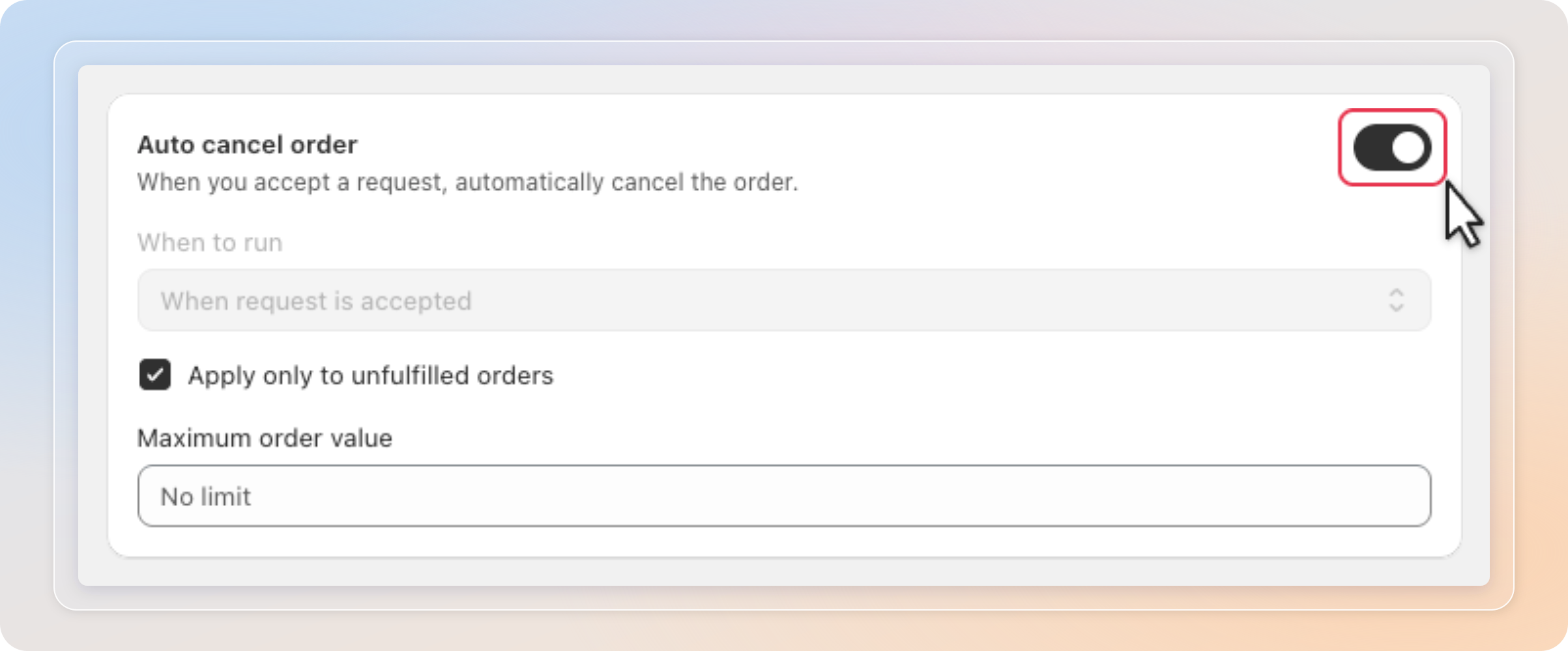 Auto cancel order turned on