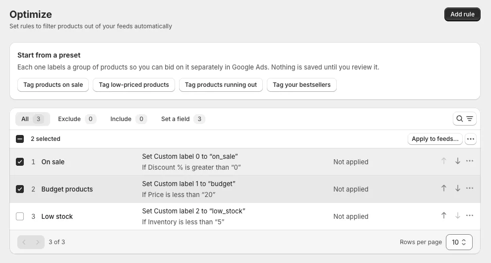 Optimize page with the preset buttons and a numbered list of rules