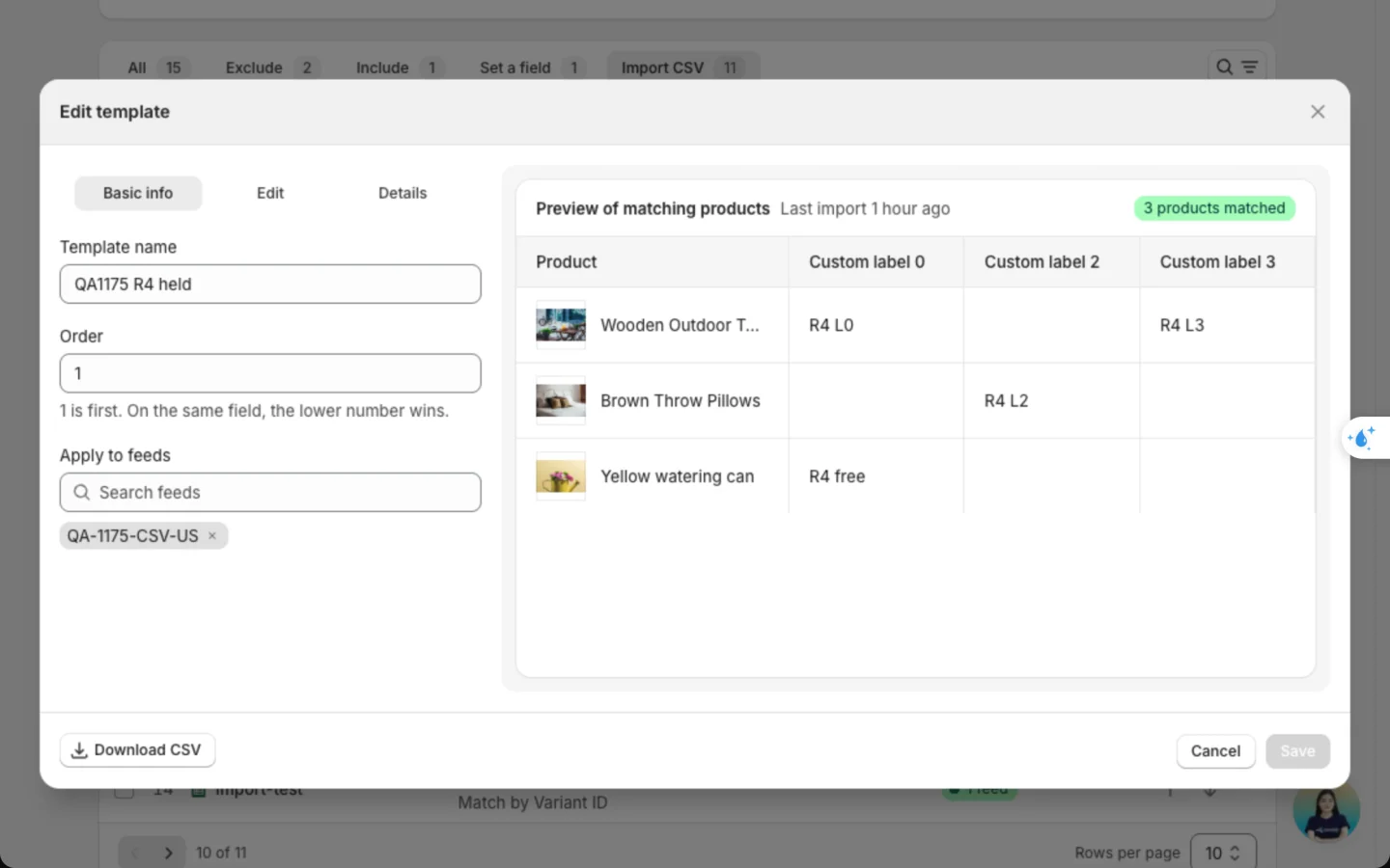 Edit template on the Basic info tab, with name, Order 1 and one feed on the left, and 3 matched products with their custom labels on the right