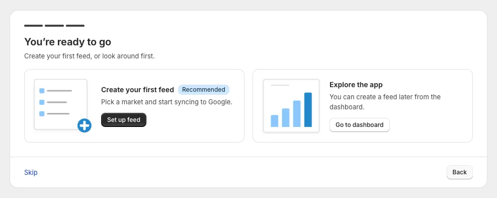 The last step of the setup wizard with Set up feed and Go to dashboard