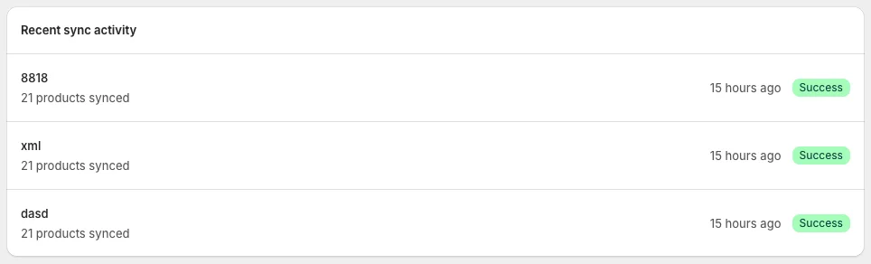 Recent sync activity list showing each feed, products synced, time and a Success badge