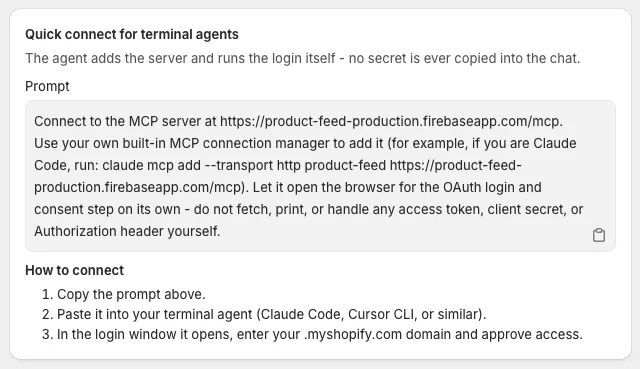 Quick connect for terminal agents card with the prompt to copy and three connection steps