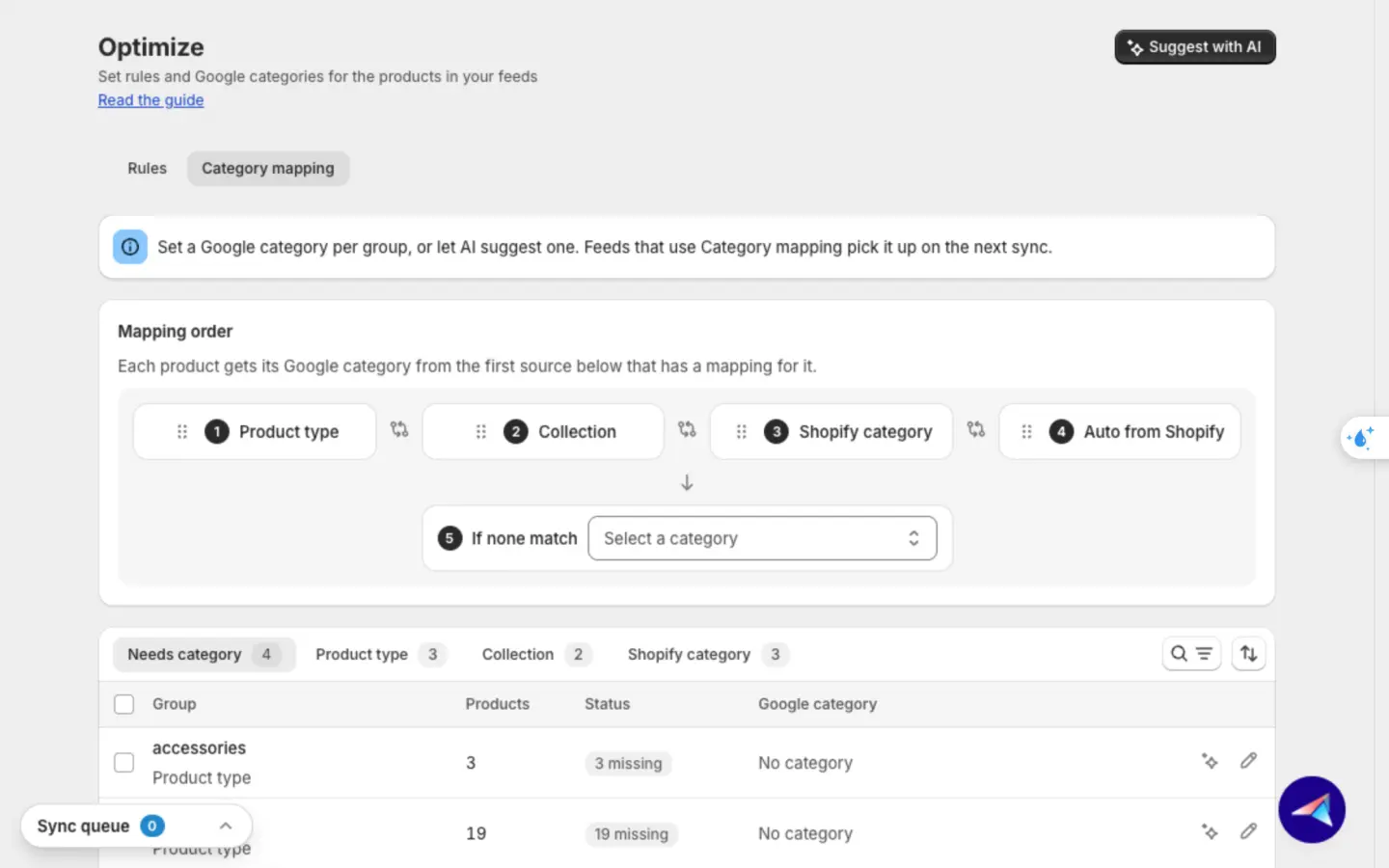 Category mapping tab on Optimize, with the Mapping order chain from Product type to Auto from Shopify and an If none match fallback below
