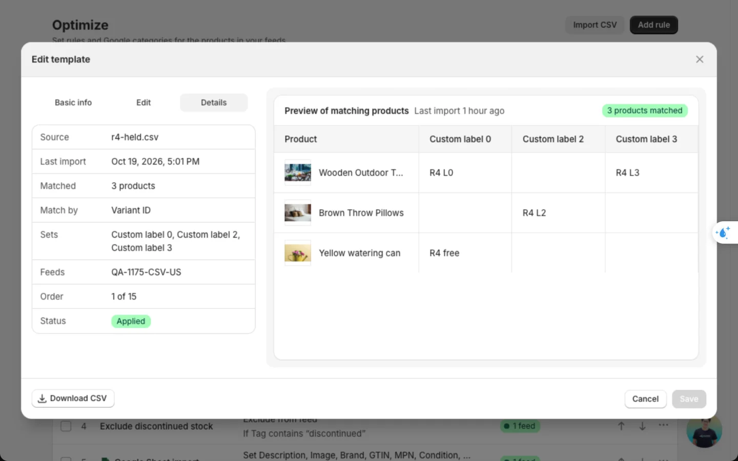 Edit template on the Details tab, with the source file, last import, matched products, fields it sets, its feed, Order 1 of 15 and the Applied status, and Download CSV at the bottom