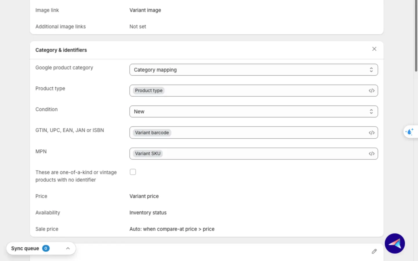 Category & identifiers card open for editing, with Google product category set to Category mapping