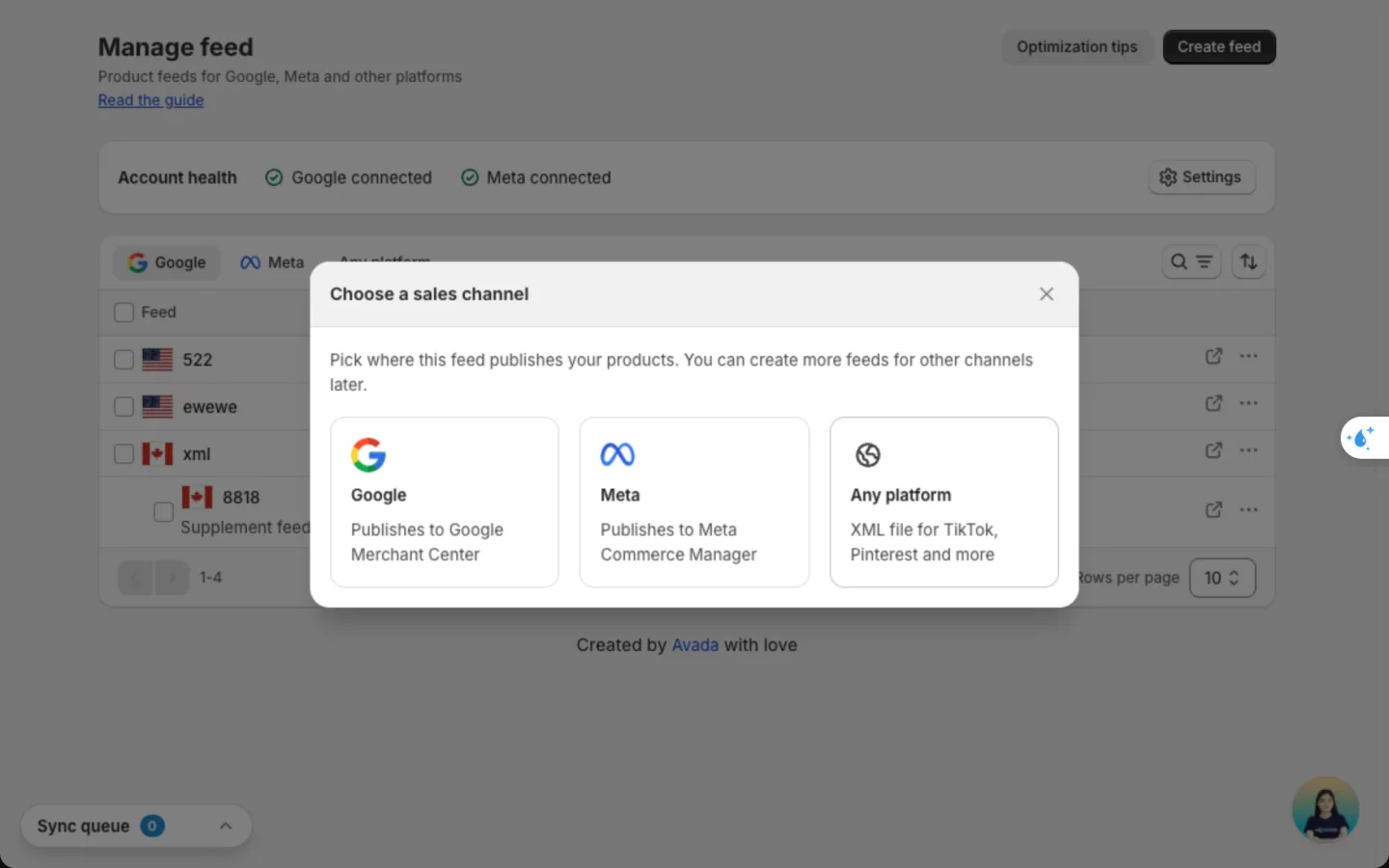 Choose a sales channel dialog with the Any platform option for TikTok, Pinterest and more