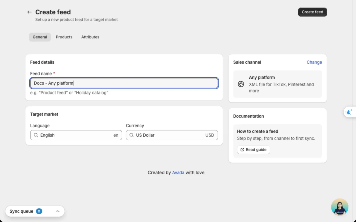 General tab of an Any platform feed with the feed name, Language and Currency