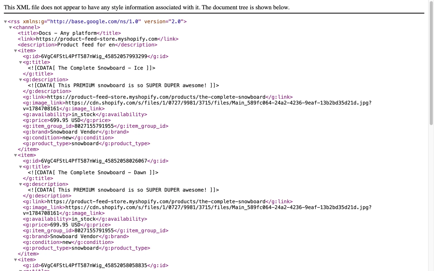 The feed file open in a browser, showing products with title, price and availability