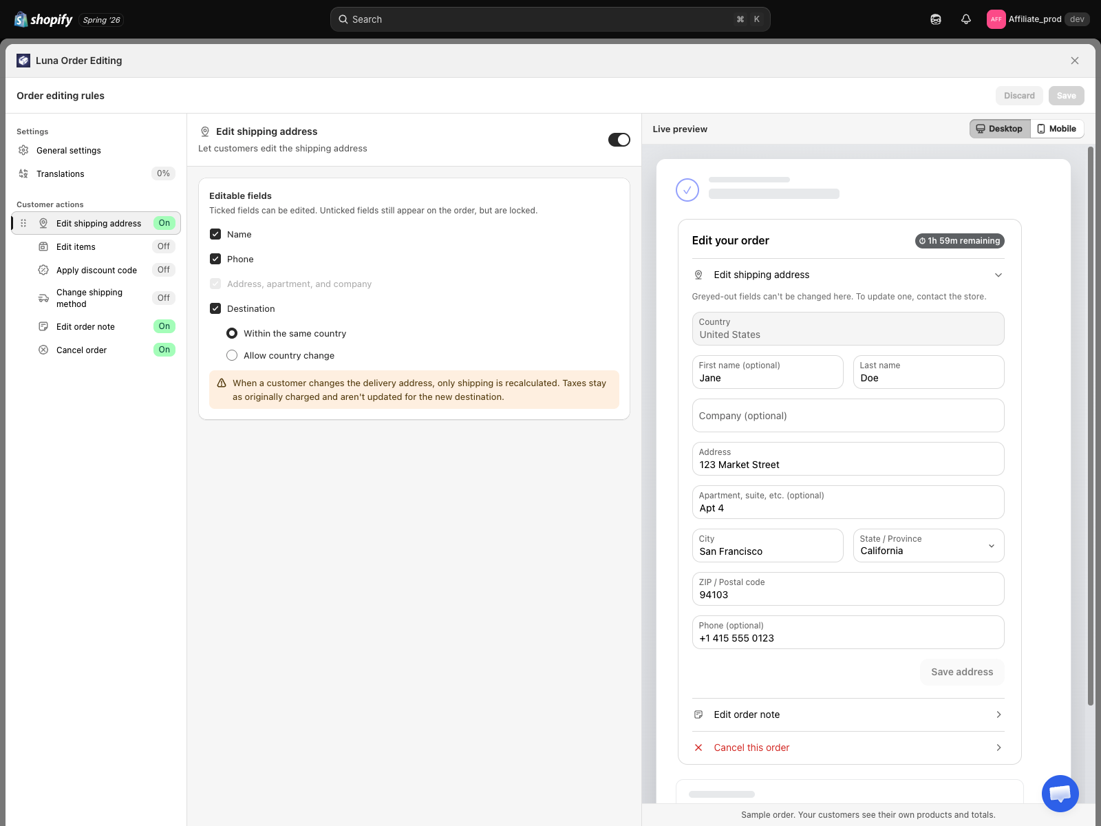 The Edit shipping address panel, with the Editable fields card and the Destination group