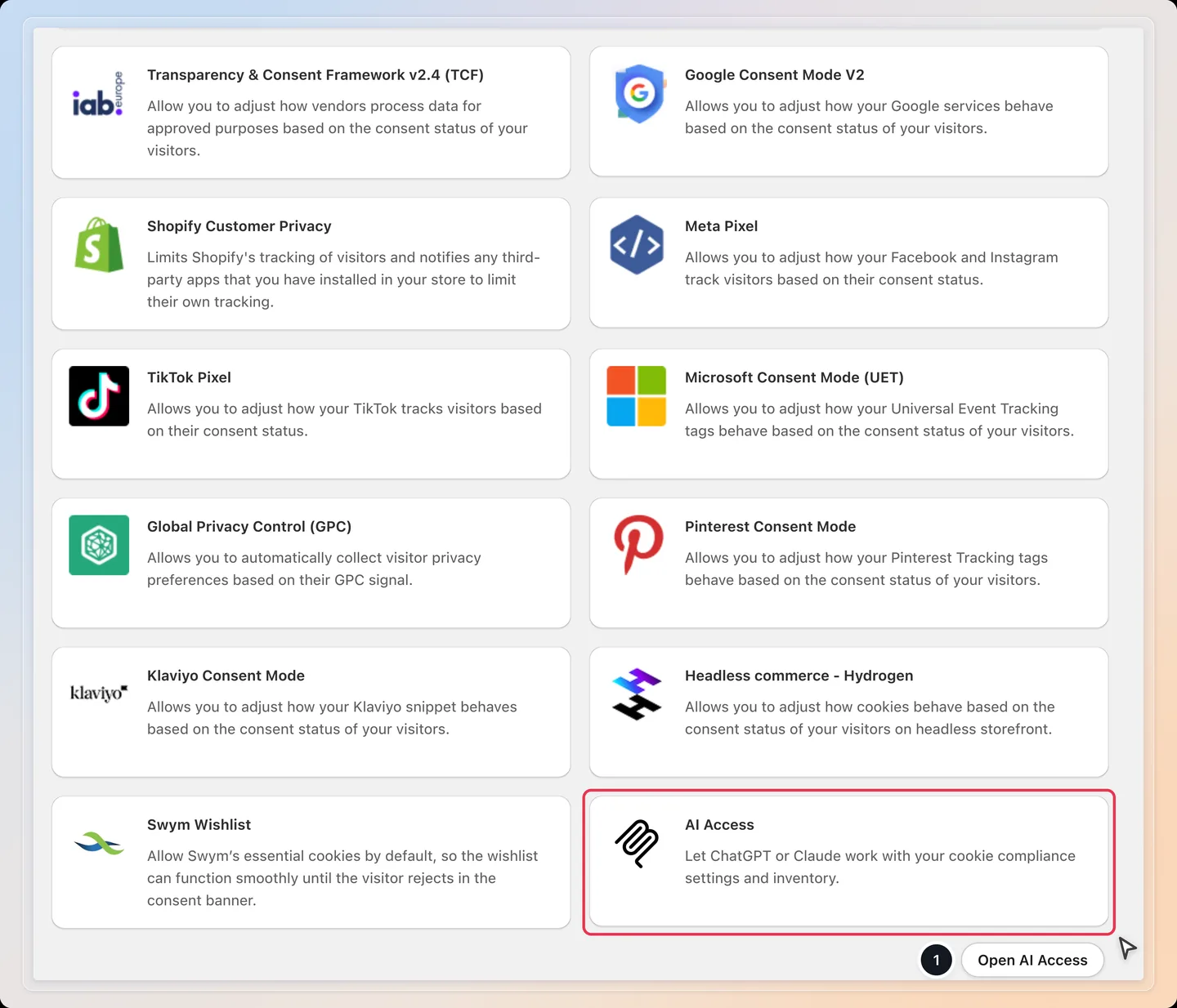 Open the AI Access card from the Integrations page