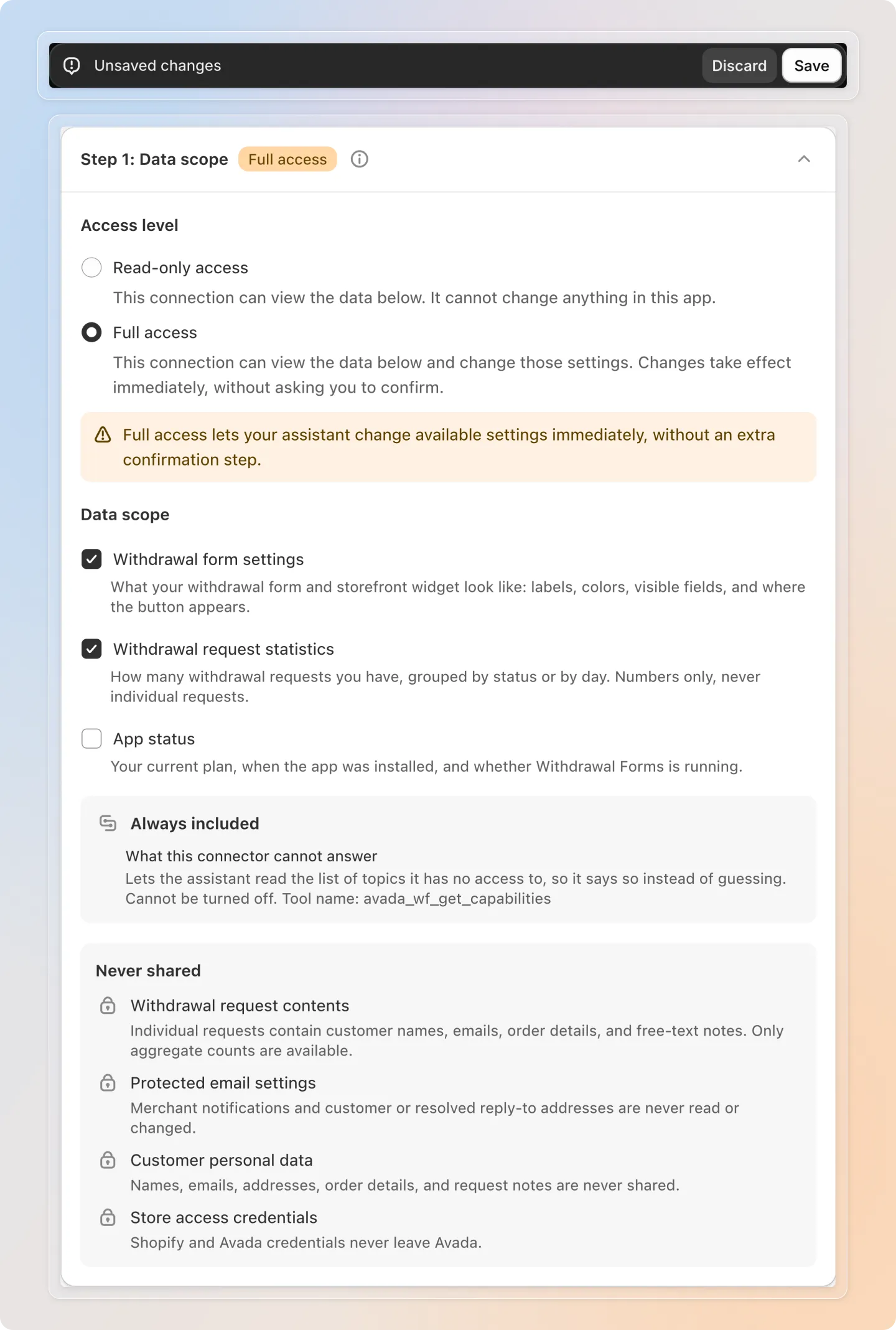Change the access level or data scope, then save