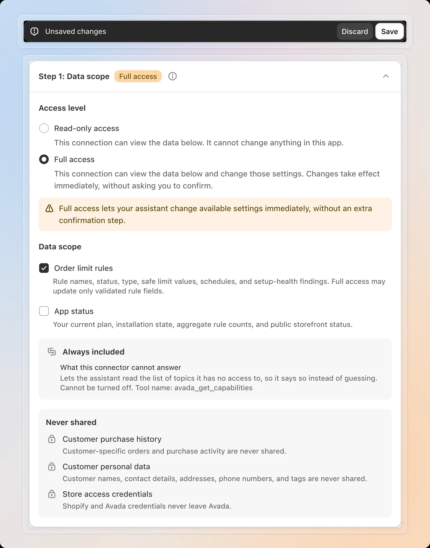 Change the access level or data scope, then save