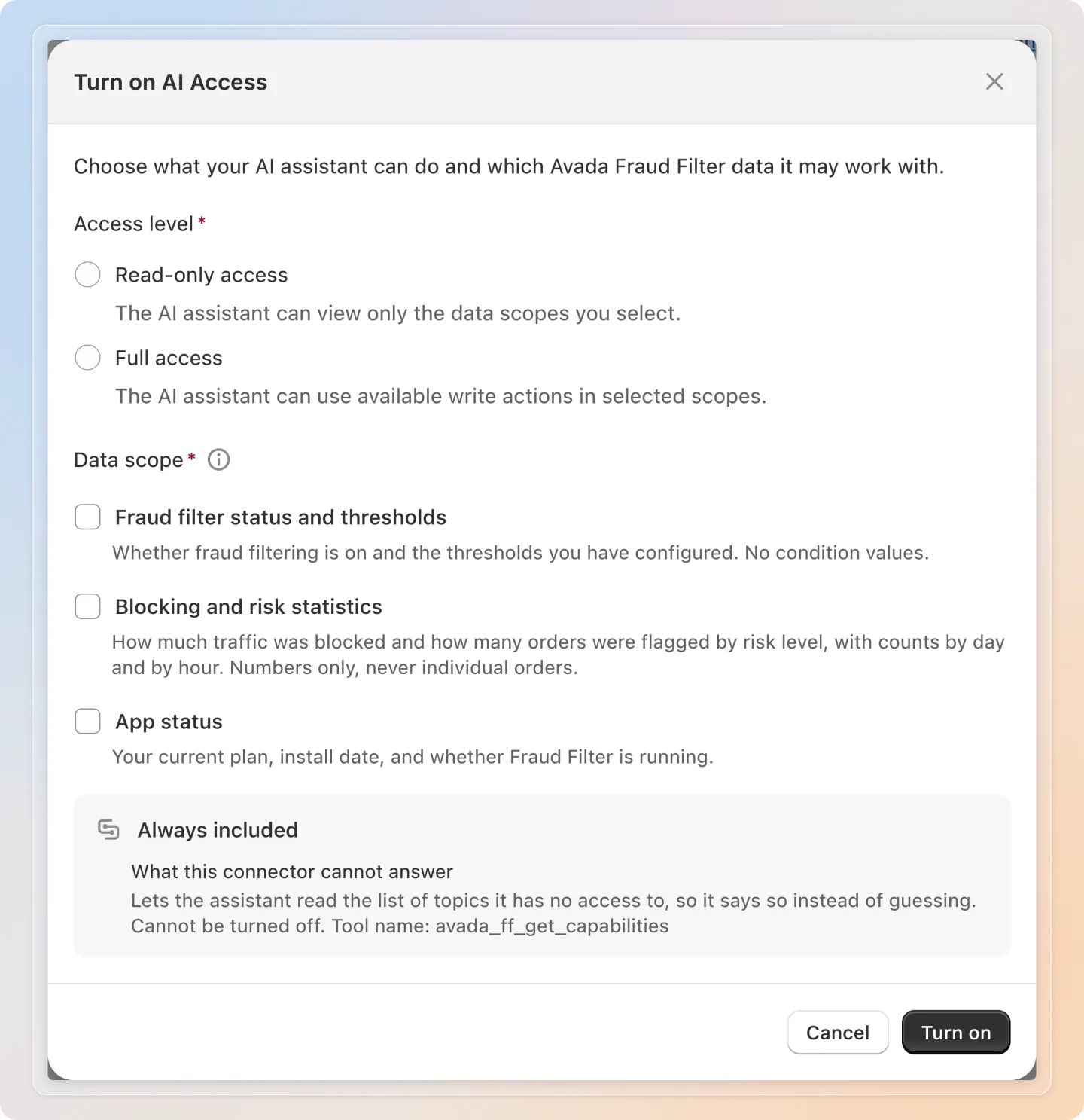 Choose the access level and the data scope