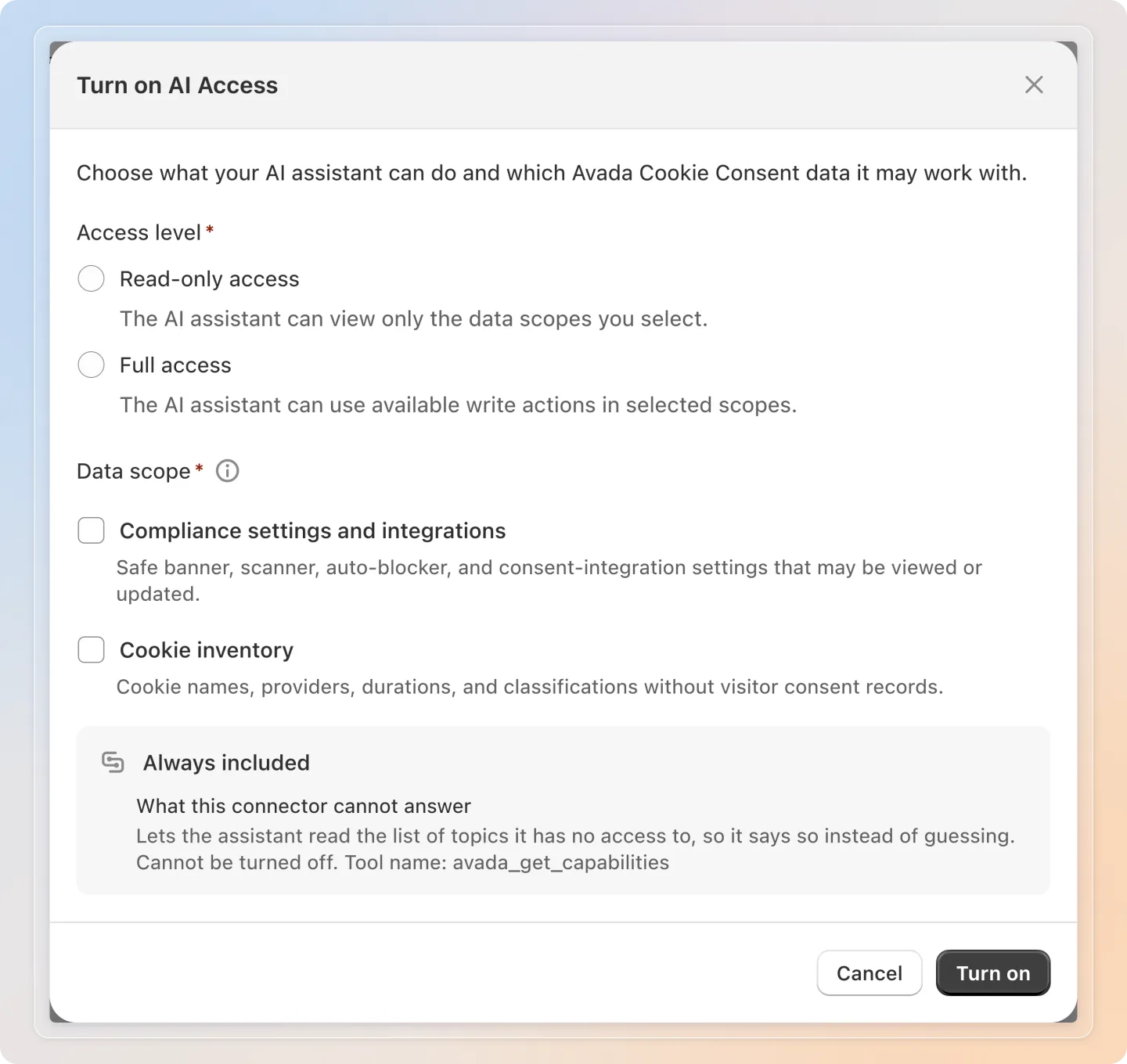 Choose the access level and the data scope