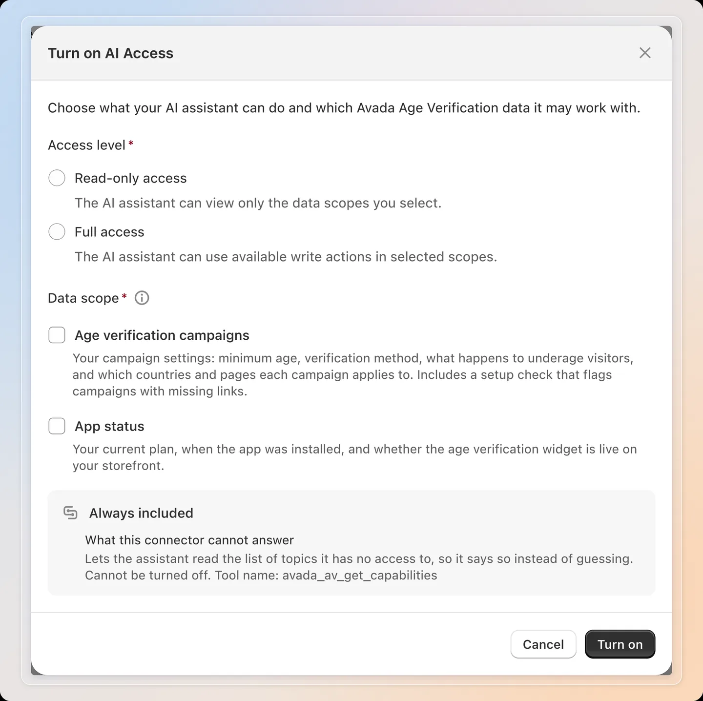 Choose the access level and the data scope