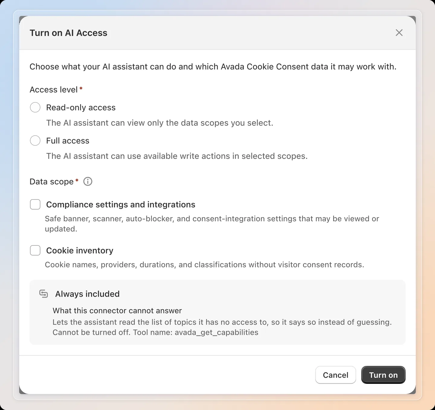 Choose the access level and the data scope