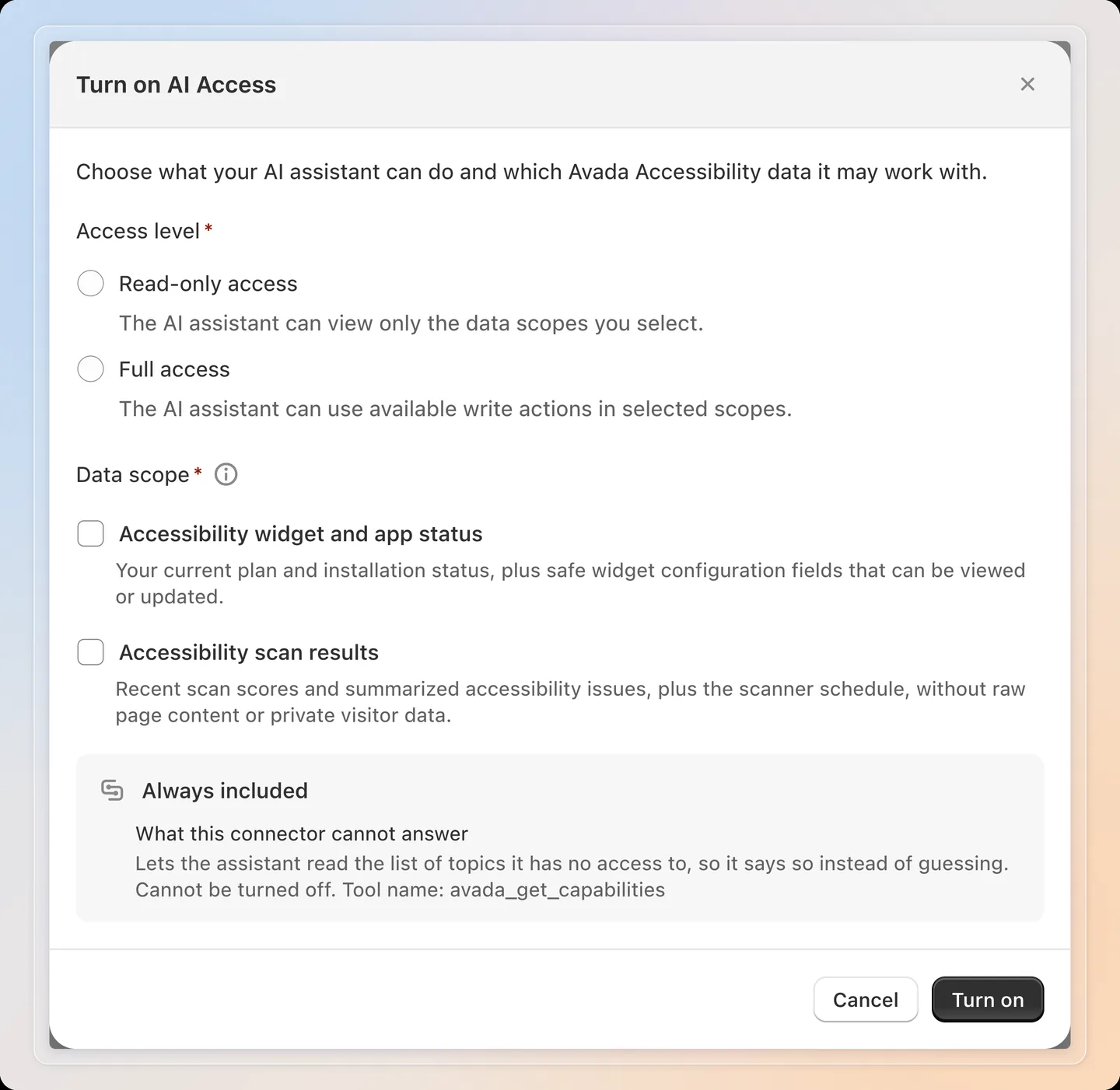 Choose the access level and the data scope