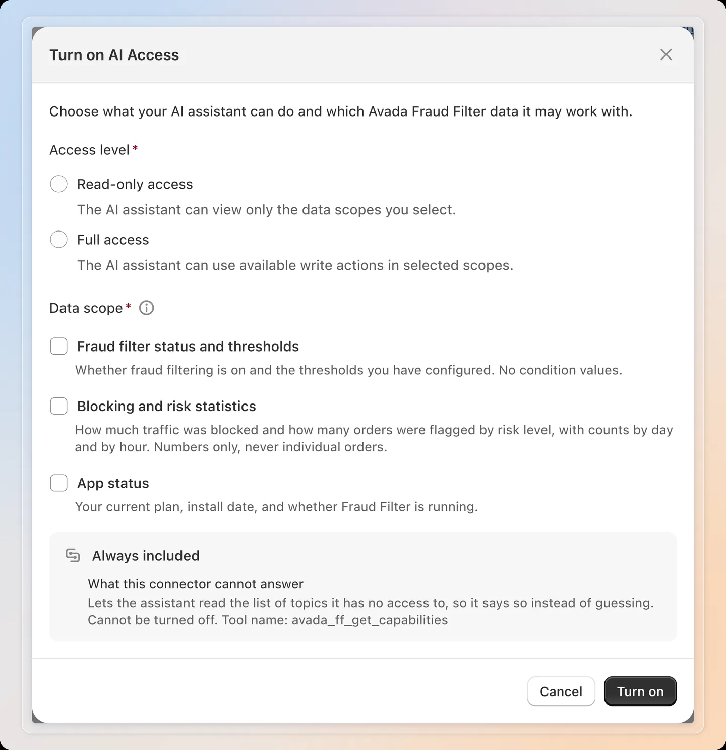 Choose the access level and the data scope