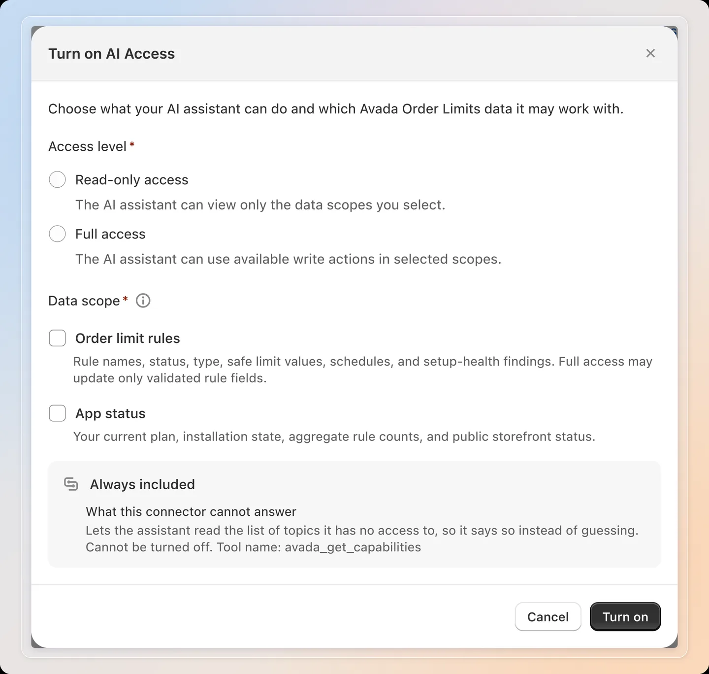 Choose the access level and the data scope
