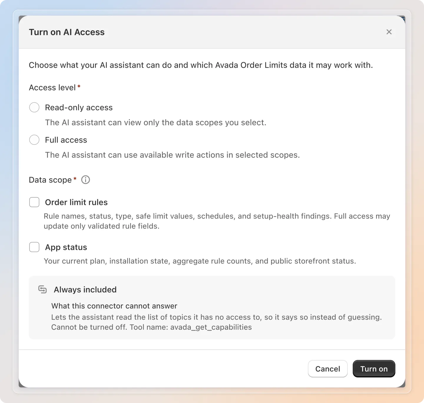 Choose the access level and the data scope