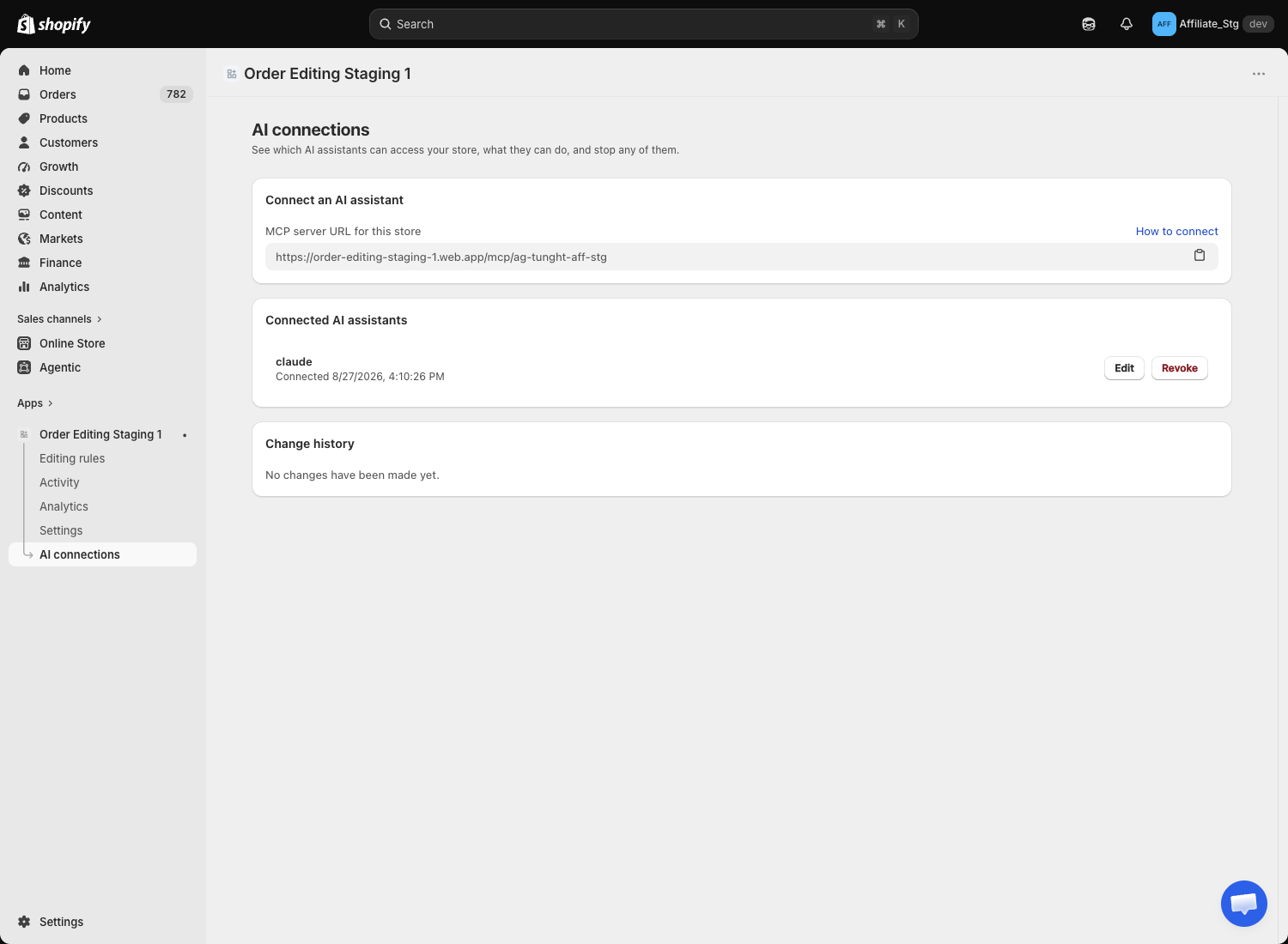 The AI connections page, with the connection card, the list of connected assistants, and the change history