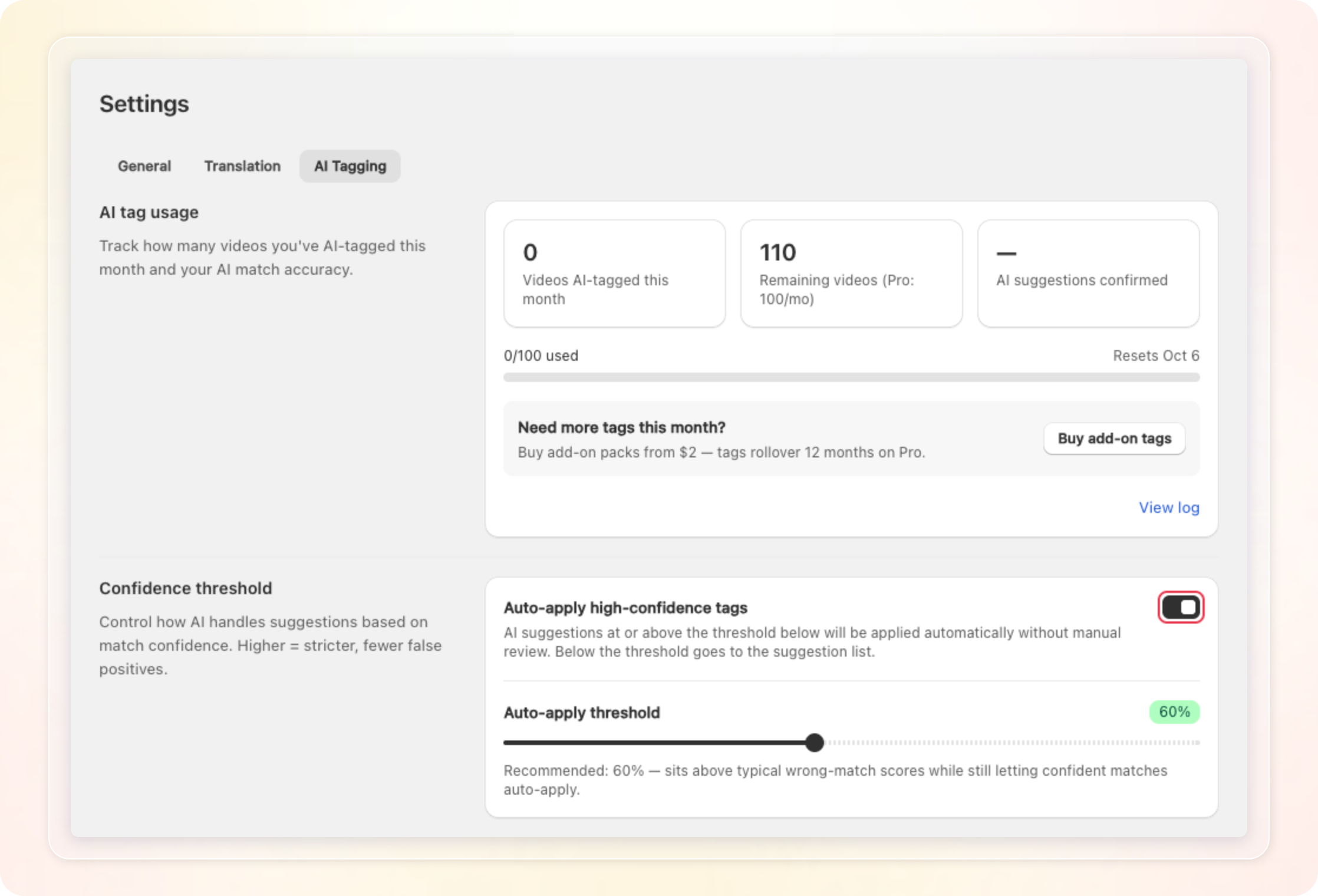 The AI Tagging tab in Settings with the auto-apply threshold