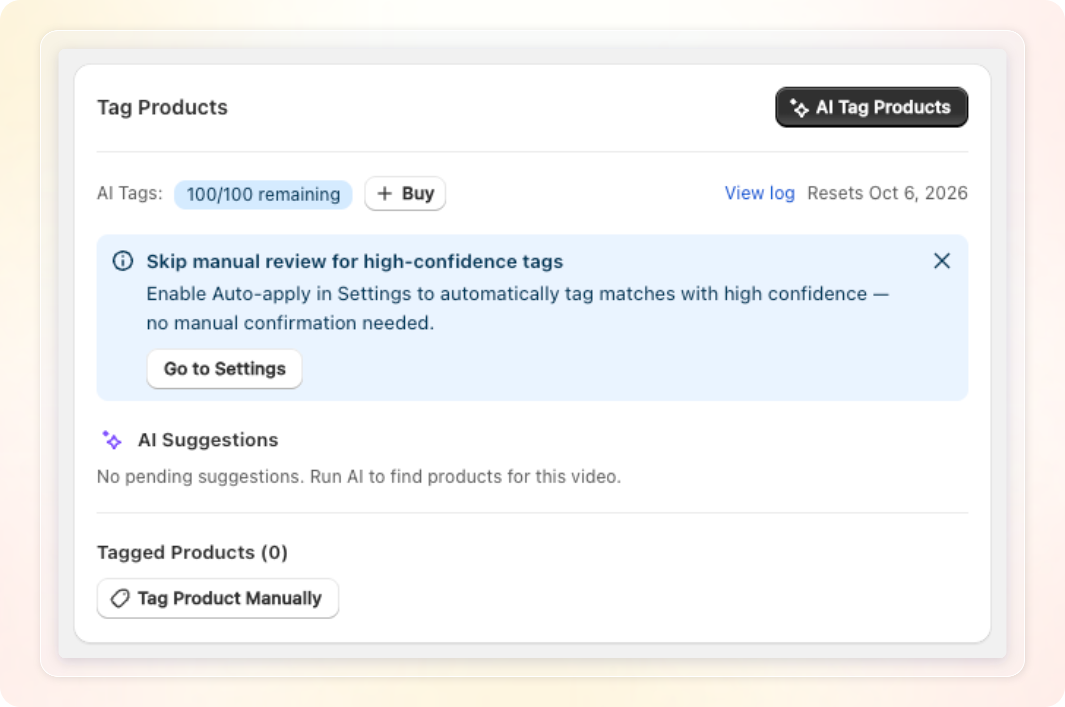 Tag Products card on a video with the AI Tag Products button