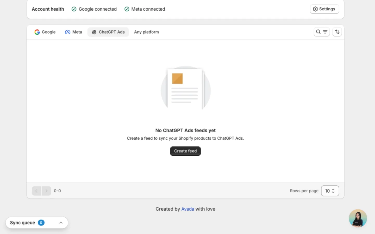 Manage feed with the ChatGPT Ads tab and the Create feed button