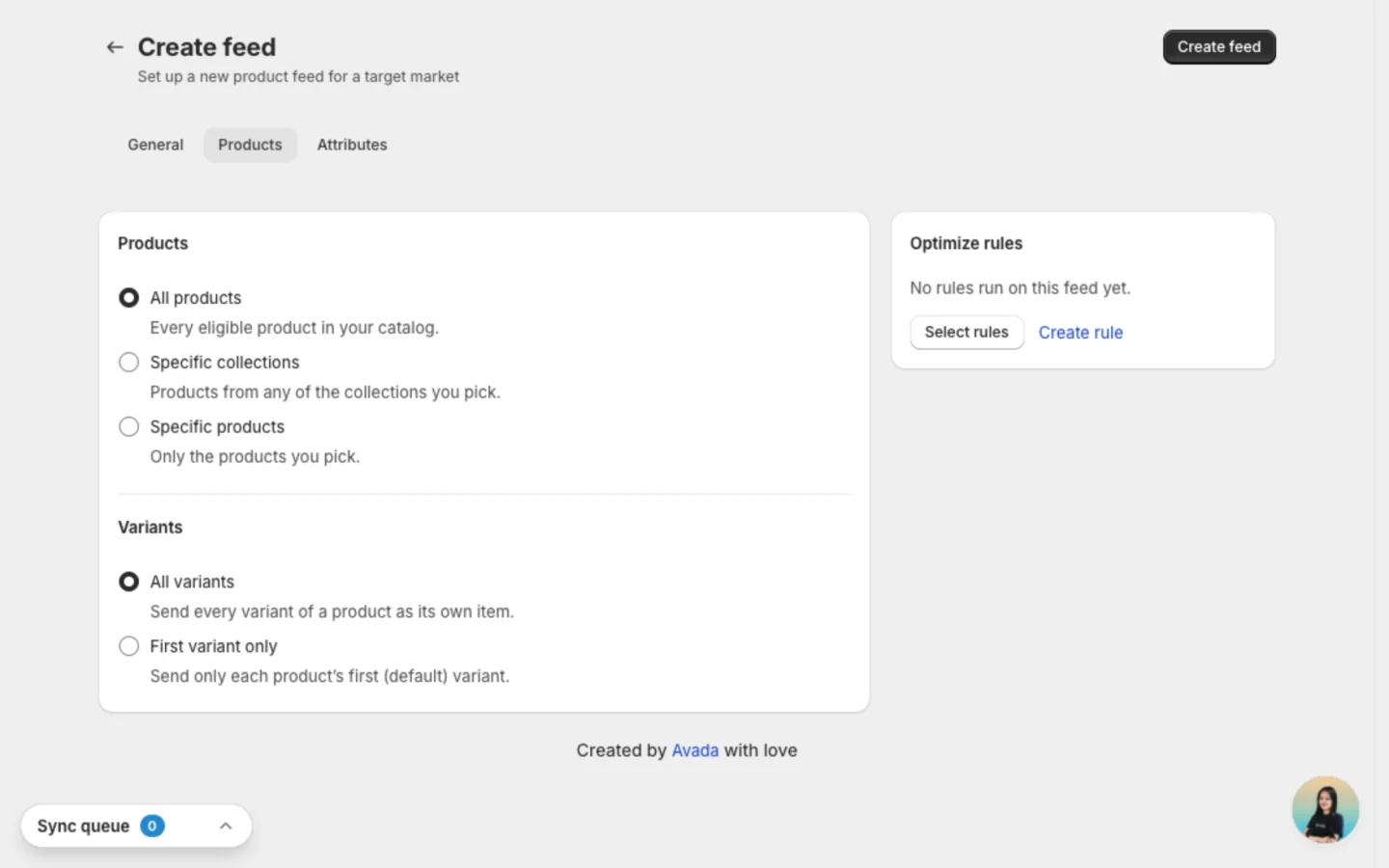 Products tab with All products and All variants selected