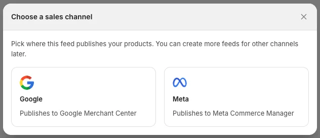 Choose a sales channel dialog with the Google and Meta options